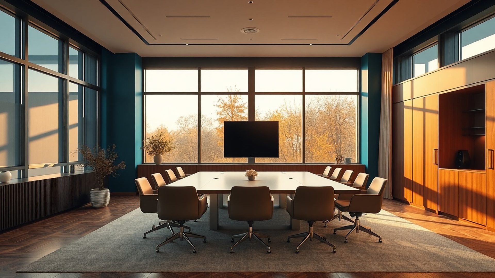 Interior de birou modern în tonuri de azur, cu lumină caldă de după-amiază